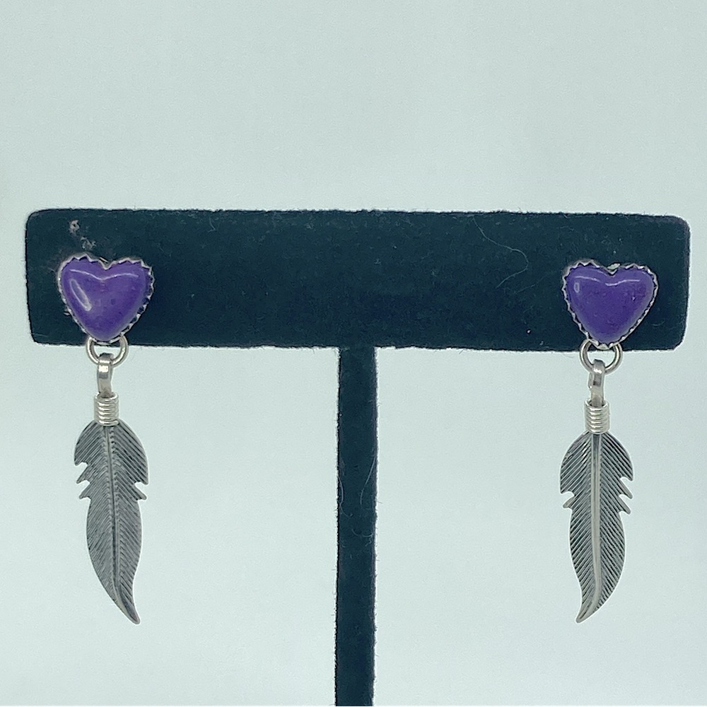 Vtg Sterling & Purple Mojave Mohave QT Heart & Feather Drop Stud Earrings 1.7”
